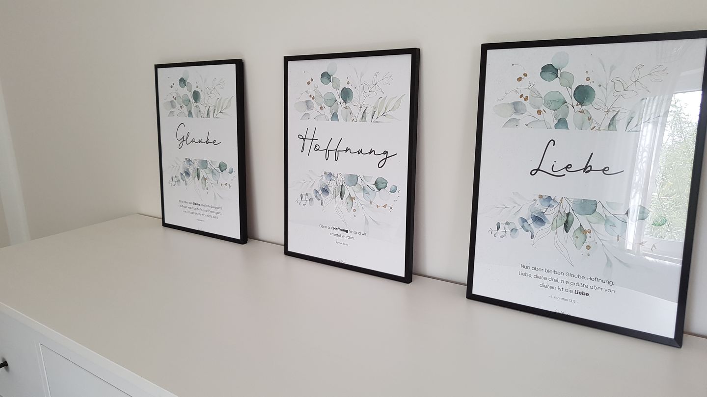 Customer photo review of Poster "Glaube Hoffnung Liebe" · 3er Set · Pflanzen Grün · A3 / A4 · Bibelvers Deutsch