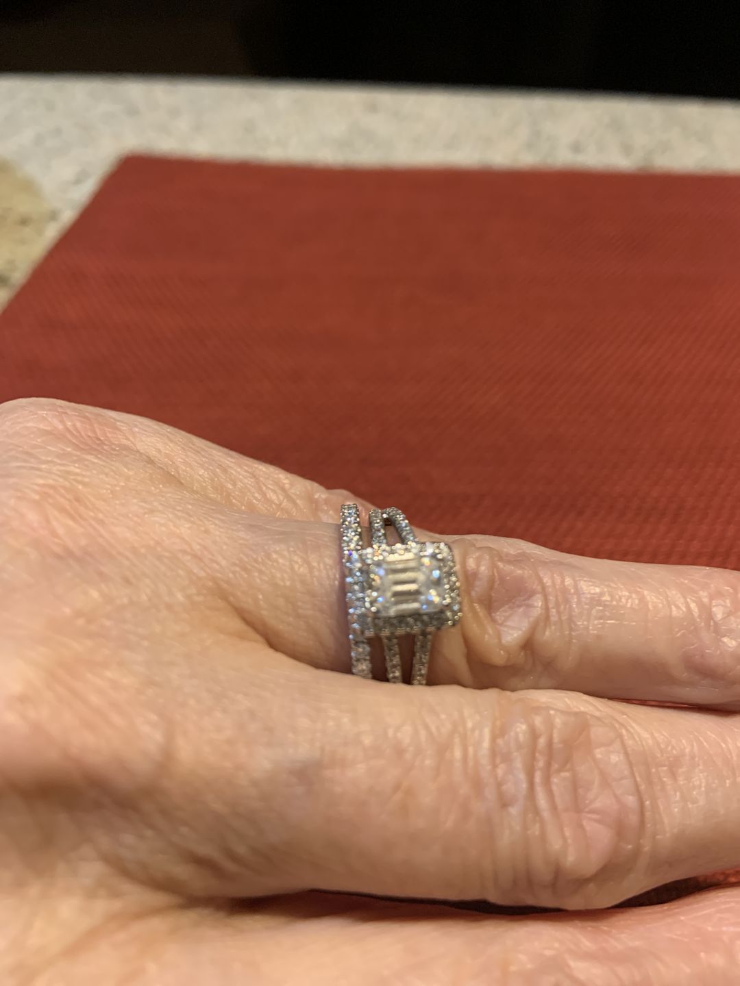 Customer photo review of Halo Emerald Moissanite Split Shank Pave Sterling Silver Engagement Ring