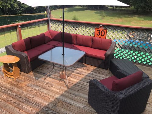 Customer photo review of 8 Pcs Outdoor Sectional Sofa All-Weather Conversation Set w/ Red Cushion, Coffee Table