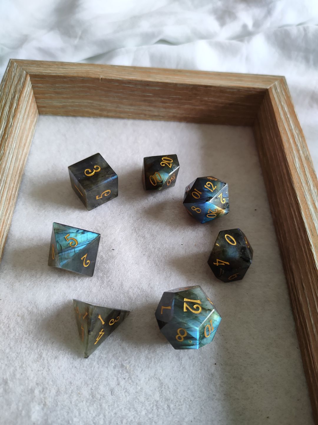 Customer photo review of URWizards D&D Labradorite Gemstone Engraved Dice Set