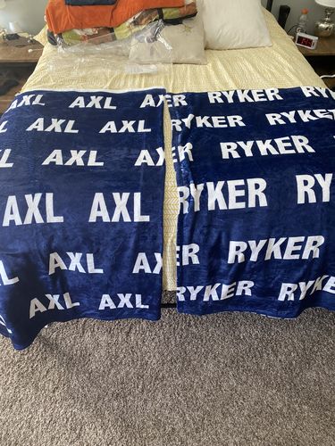 Customer photo review of Bold Navy Blue All Over Print Custom Name Printed Fleece Baby Kids Blanket