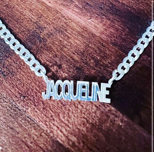 Customer photo review of Block Mini Name Necklace with Cuban Chain