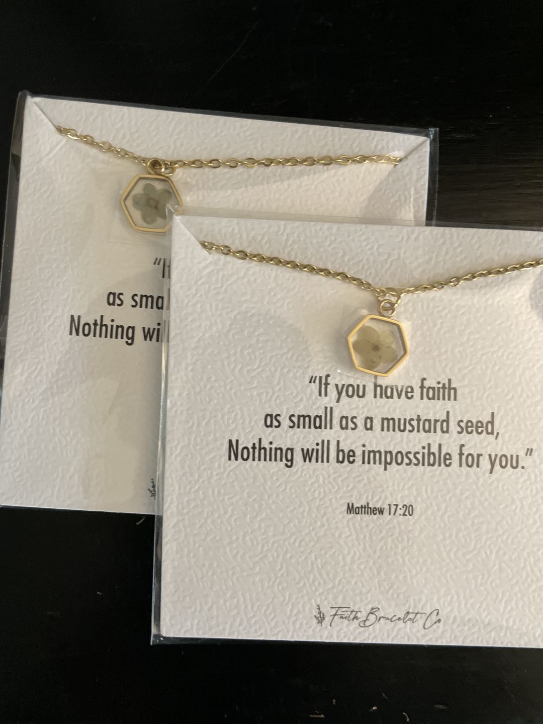 Customer photo review of Matthew 17:20 Forget Me Not Necklace
