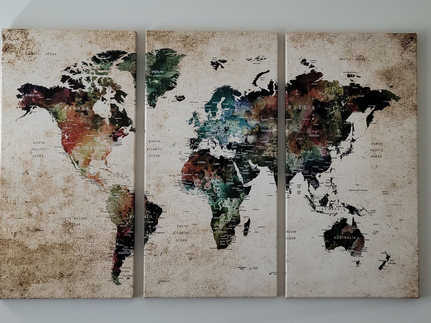 Customer photo review of Colorful Push Pin World Map on Grunge Stained Background Large Canvas Print
