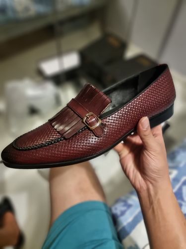 Customer photo review of Fringe Kiltie Loafer - Red Burgundy Woven Leather with Side Buckle (Hand Painted Patina)