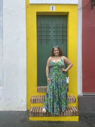 Customer photo review of Rebdolls "Tropical Breeze" Palm Print Lace Up Maxi Dress