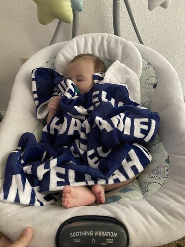Customer photo review of Bold Navy Blue All Over Print Custom Name Printed Fleece Baby Kids Blanket