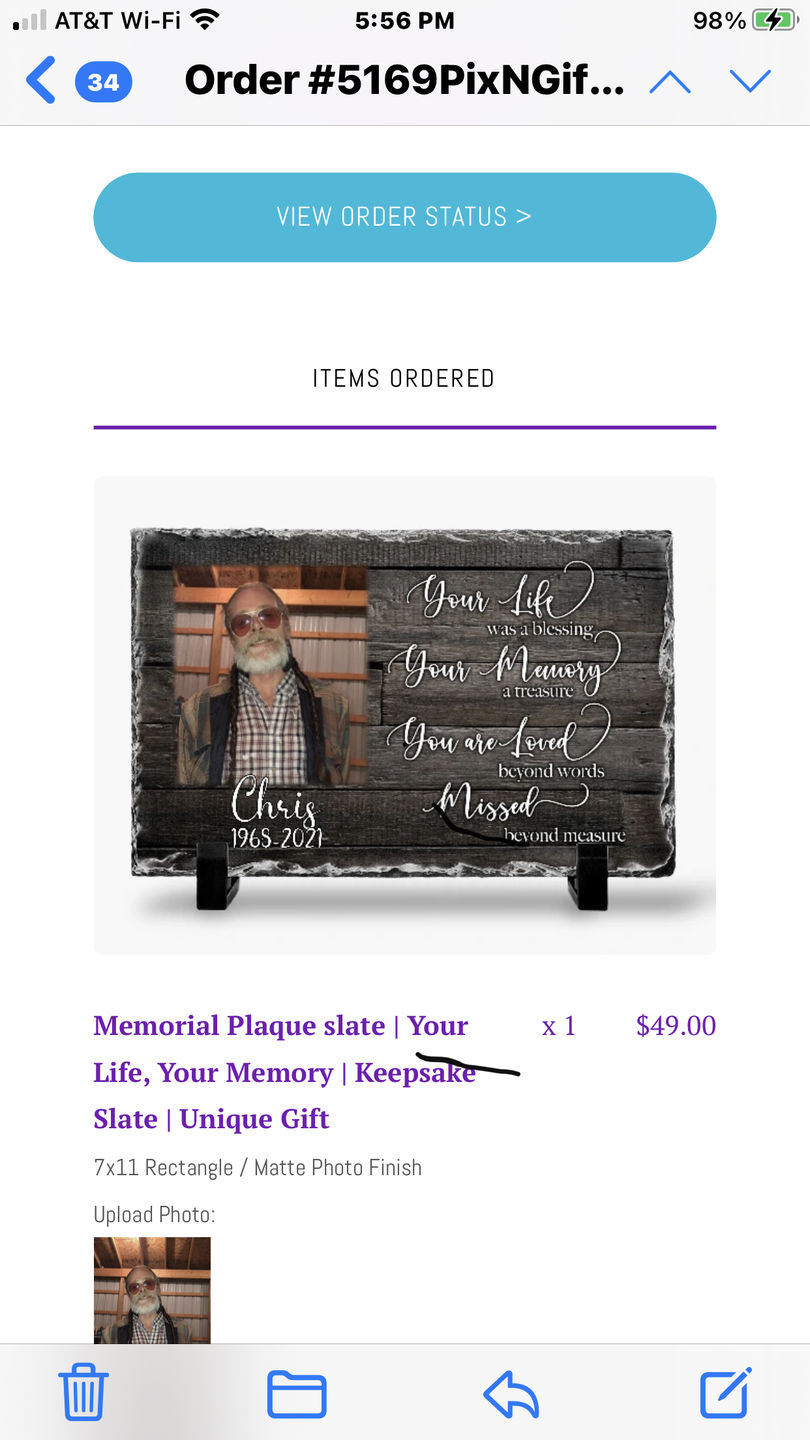 Customer photo review of Memorial Plaque slate | Your Life, Your Memory | Keepsake Slate | Unique Gift