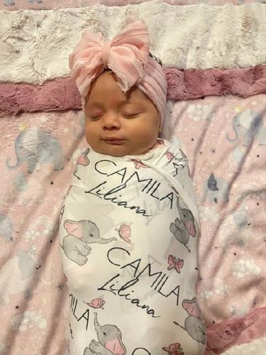 Customer photo review of Pink Elephants Butterfly Personalized Custom Name Baby Swaddle Blanket