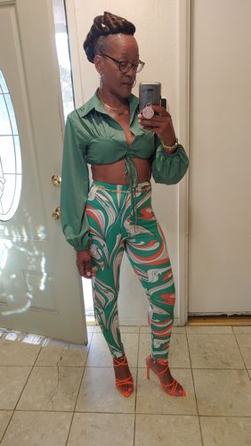 Customer photo review of Abstract Print Lapel Stylish Lace-Up Pant Suit