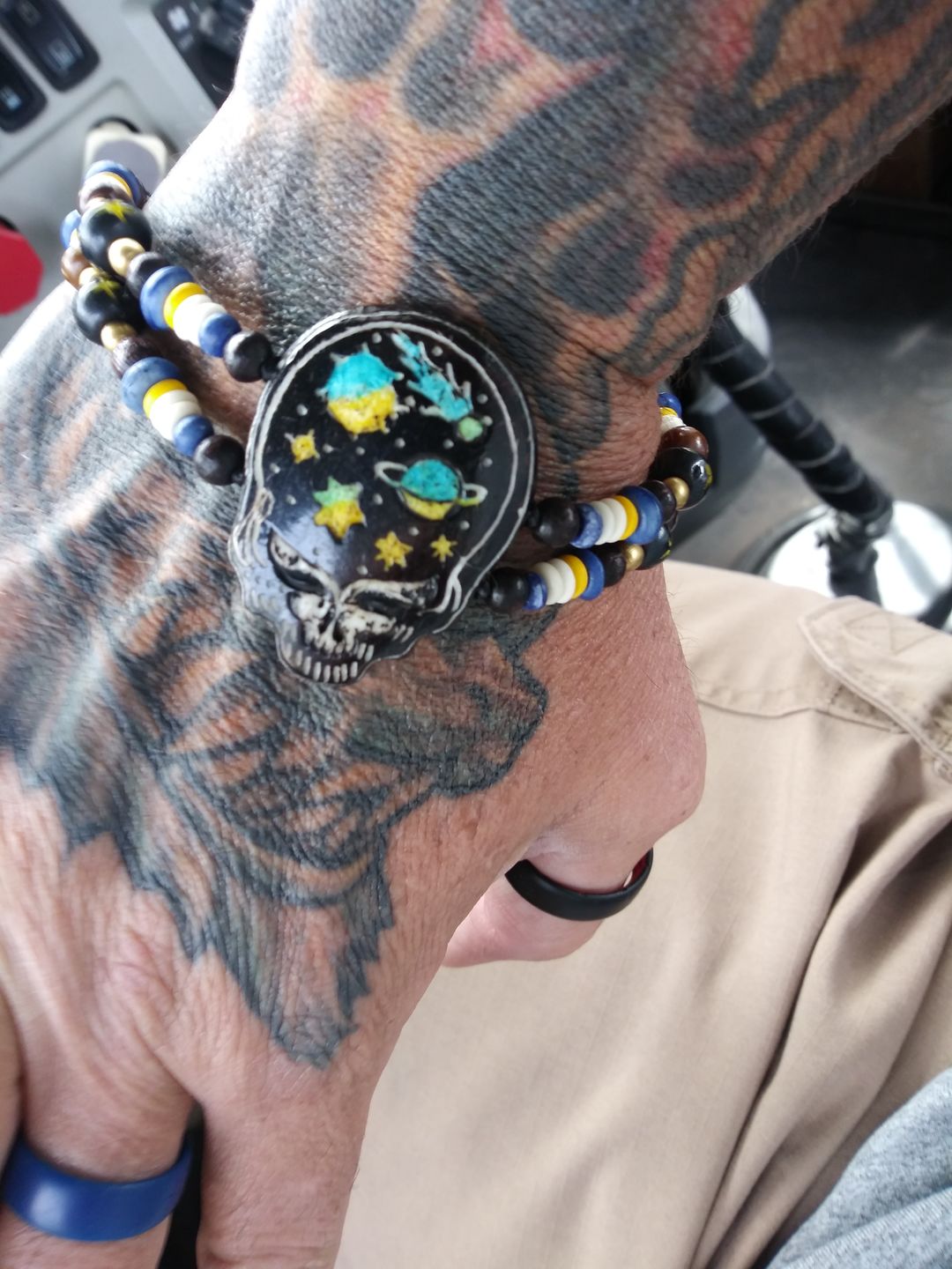 Customer photo review of Grateful Dead Cosmic Stealie Bone Bead Bracelet