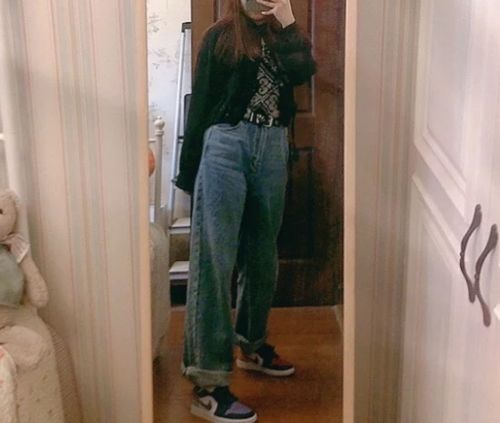Customer photo review of Raw Hem Wide Leg Denim Jeans