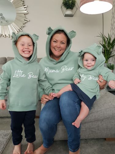 Customer photo review of Mama, Little & Baby Bear Matching Ear Sage Green Hoodies
