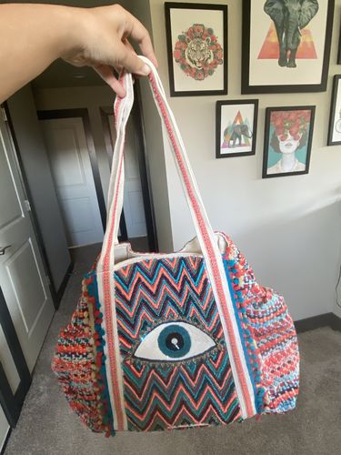 Customer photo review of Evil Eye Good Luck Hand Beaded Orange and Blue Tote Bag