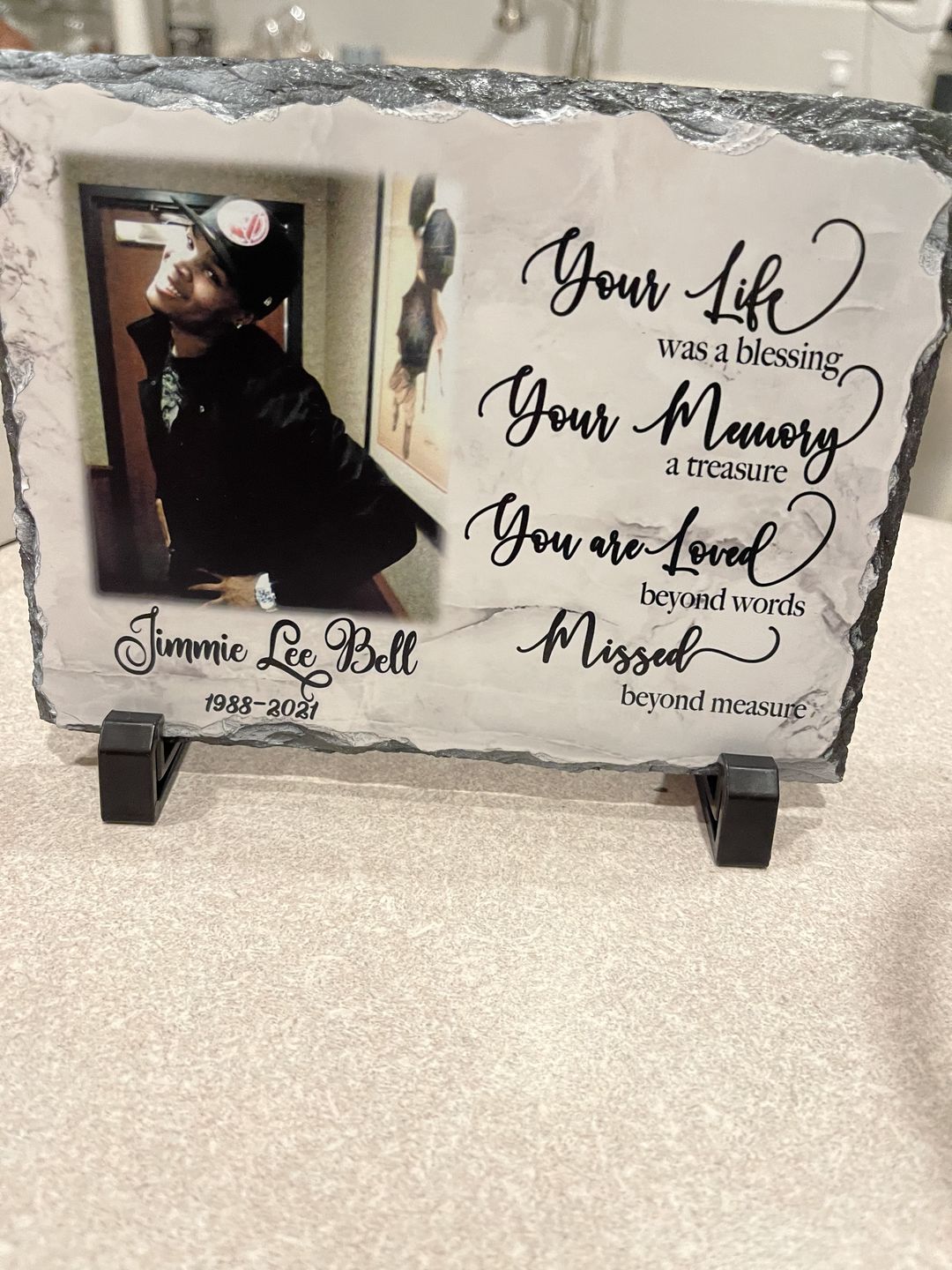 Customer photo review of In Loving Memory plaque, Personalized Memorial plaque for a lost one, lost loved one keepsake, sympathy gift photo slate, remembrance gift