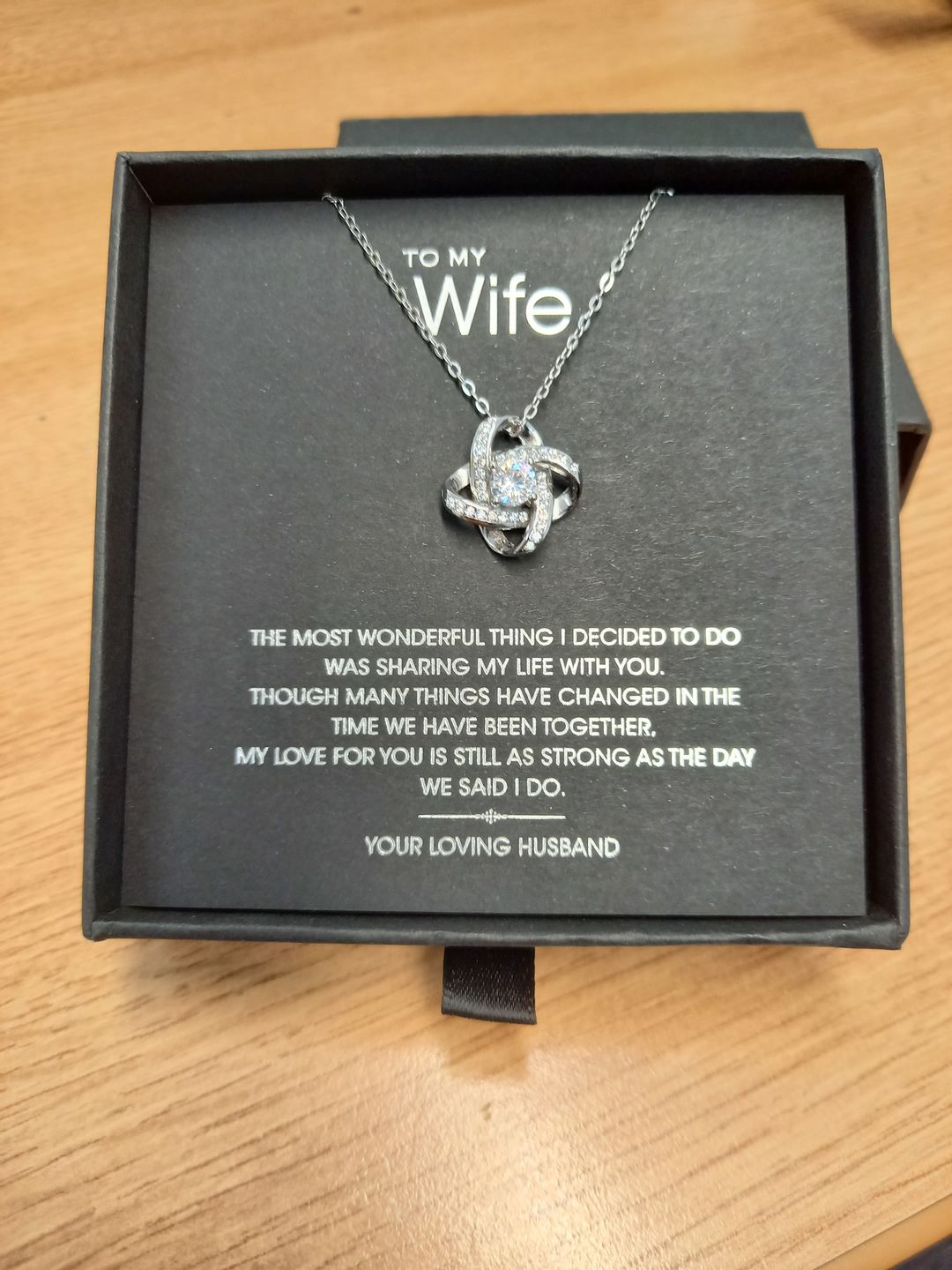Customer photo review of To My Wonderful Wife Silver Love knot necklace