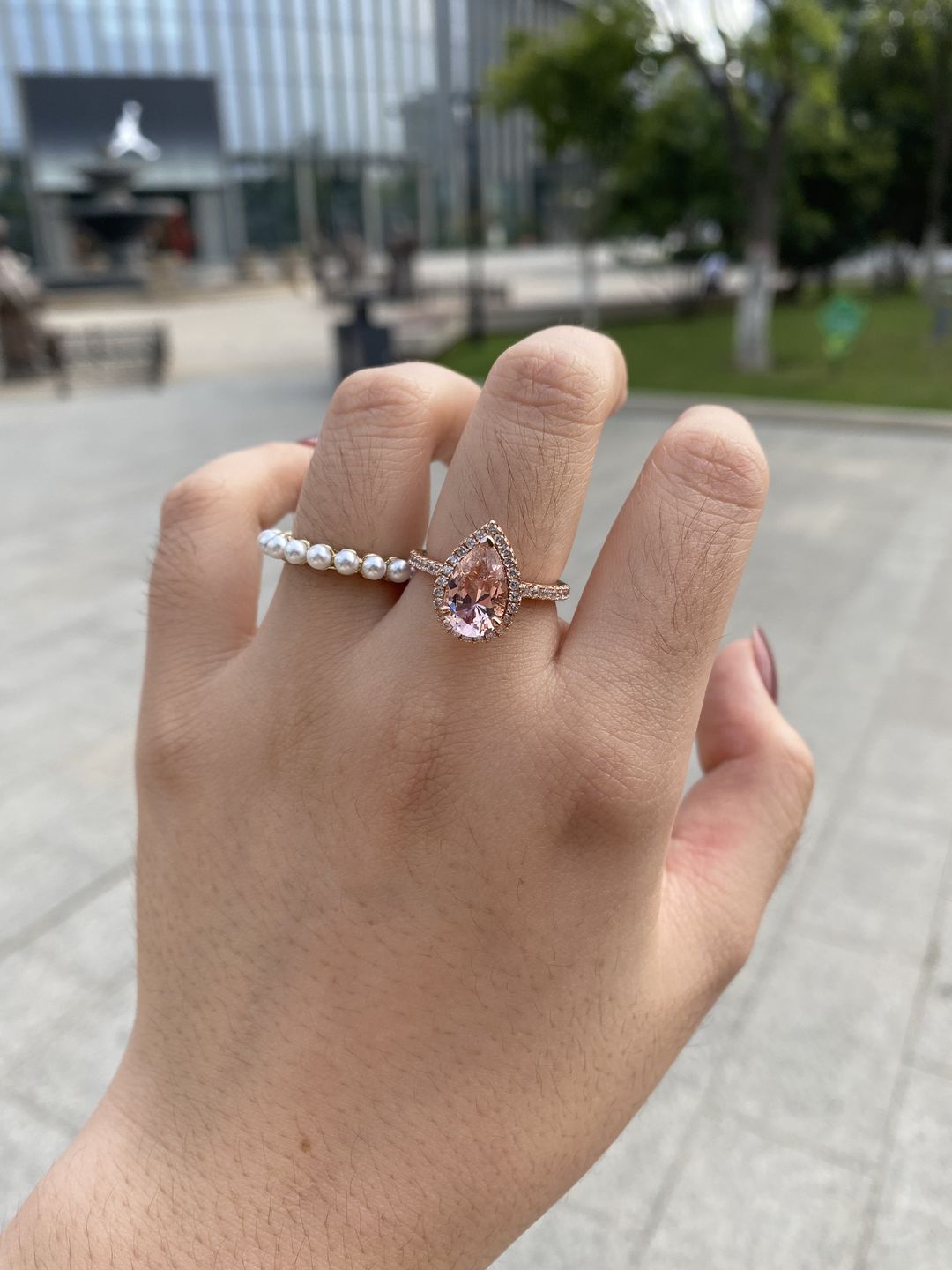 Customer photo review of Louily Rose Gold Halo Pear Cut Synthetic Morganite Engagement Ring