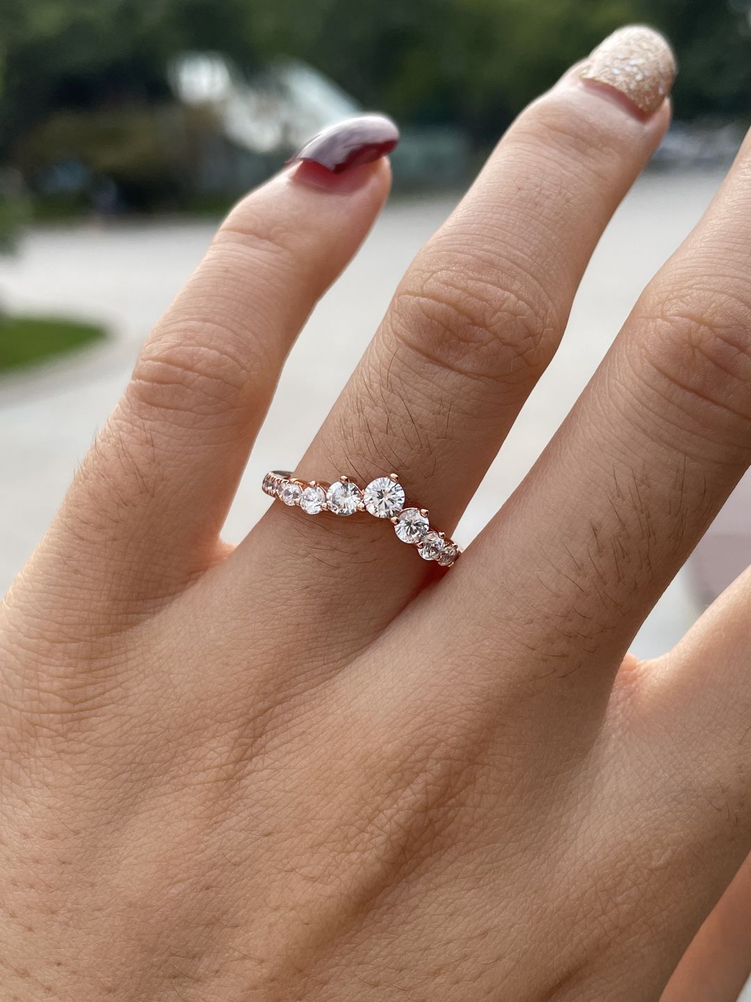 Customer photo review of S925 0.5Ct Round Cut Unique Curved Design Thin Stacking Wedding Ring In Sterling Silver