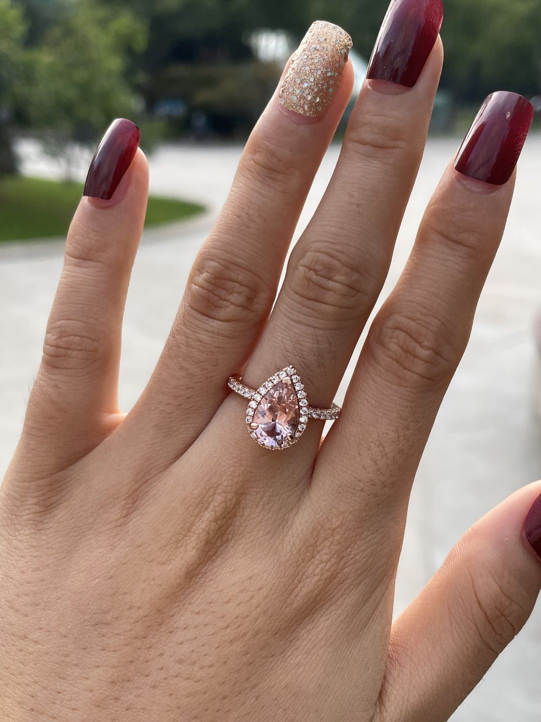 Customer photo review of Louily Rose Gold Halo Pear Cut Synthetic Morganite Engagement Ring