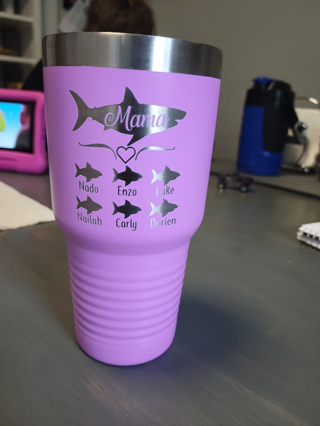 Customer photo review of Mama Shark (CUSTOM) With Child's Name Engraved Tumblers