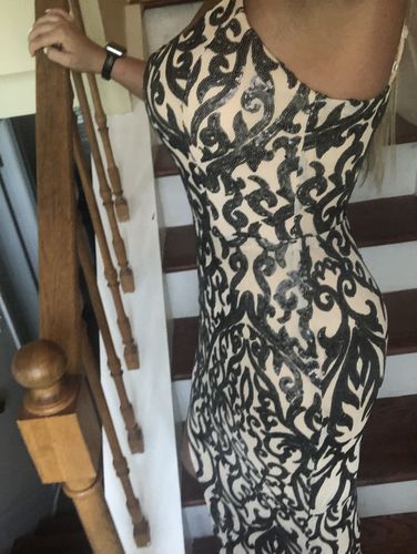 Customer photo review of Female Sexy High Split Backless Black Maxi Sequin Dress M0761