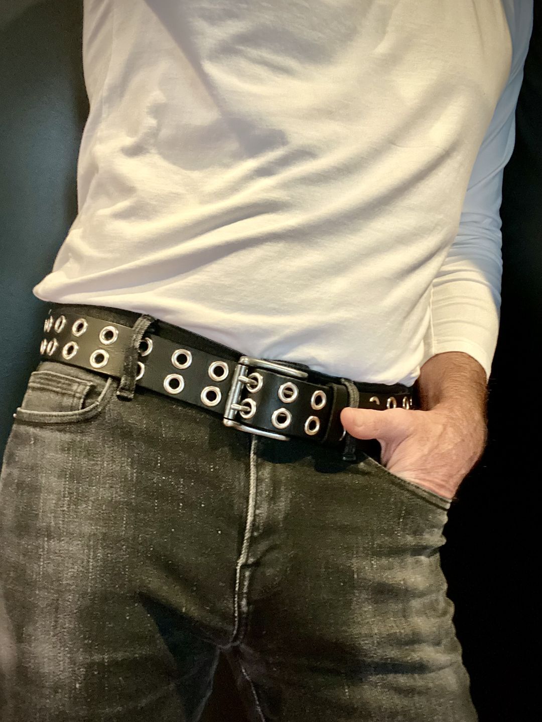 Customer photo review of The Brixton Belt - Black Double Grommet 100 % Full Grain Leather Belt
