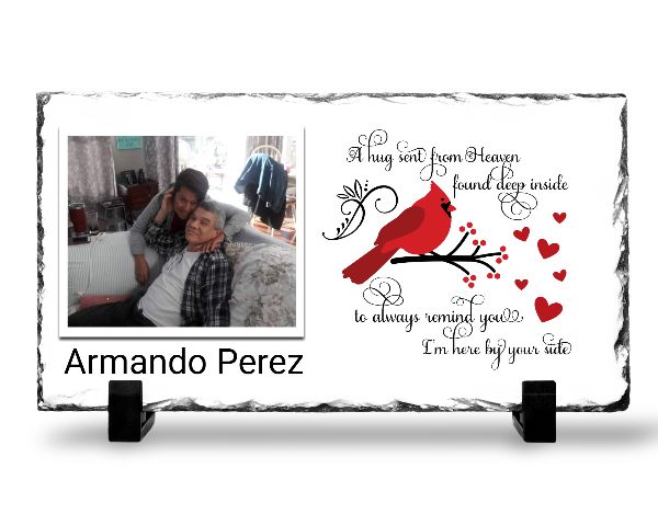 Customer photo review of Beautiful Memorial Slate Stone | A Hug Sent From Heaven Cardinal | Sympathy Keepsake with Photo