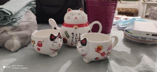 Customer photo review of Ensemble Théière "Chat de la Chance"