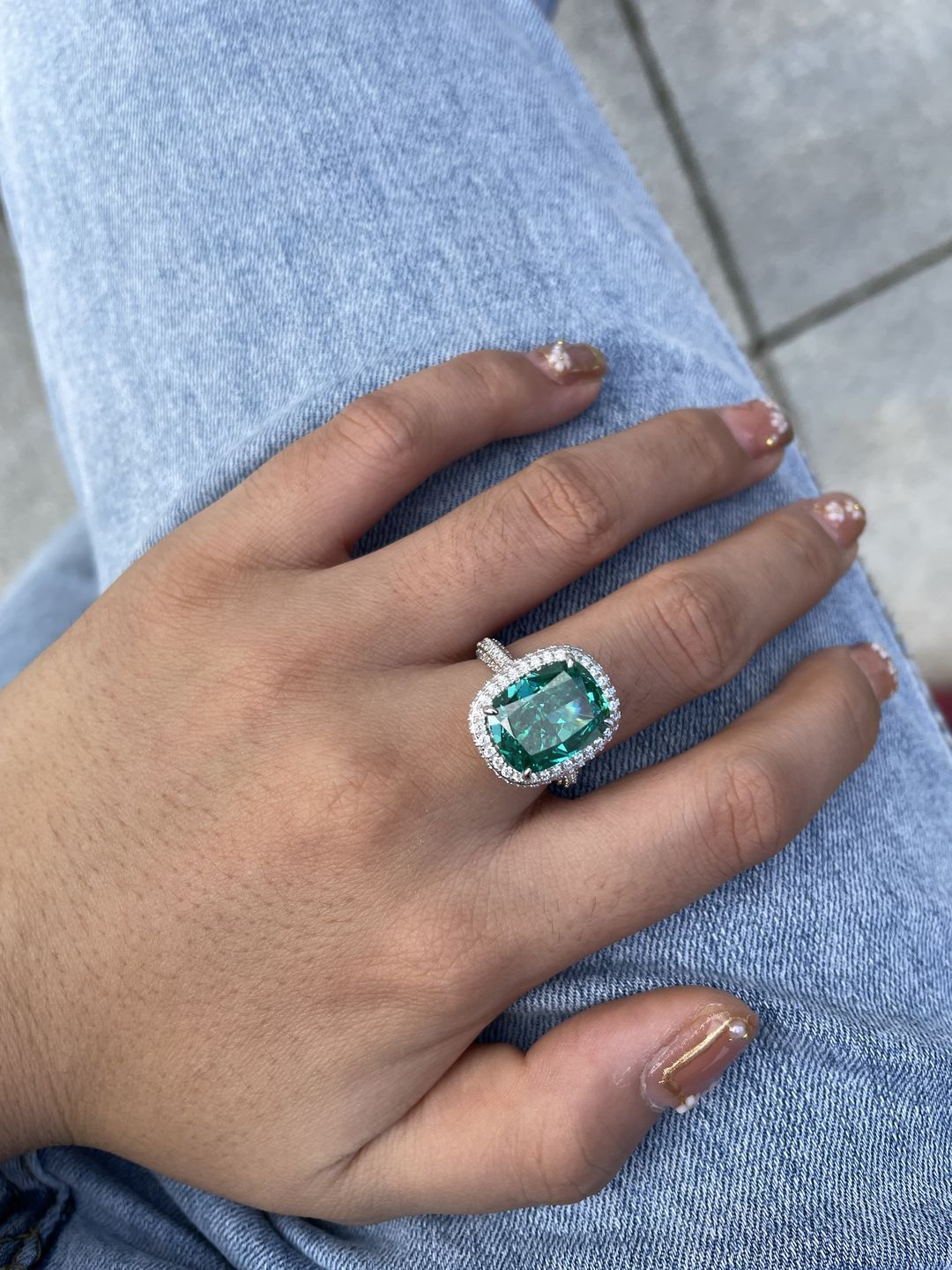 Customer photo review of Louily Gorgeous Halo Cushion Cut Paraiba Tourmaline Engagement Ring In Sterling Silver