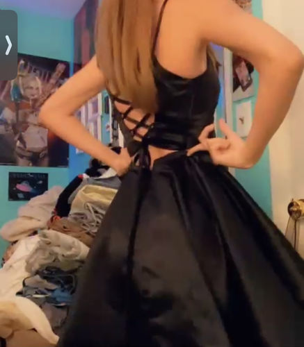 Customer photo review of Two Piece Gold Satin Homecoming Dresses with Pockets SD1279