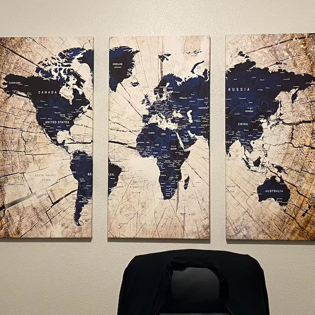 Customer photo review of Vintage World Map Wall Art Print - Grunge Map on Canvas Gallery Wall Set of 3 Panels Gift for Traveler, Large World Map for Living Room Dining Room Kitchen Office Decor