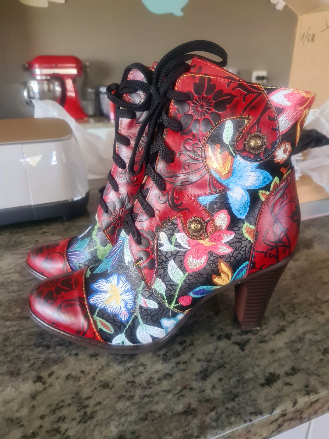 Customer photo review of Leather Hand Embossed Adjustable High Heel Boots