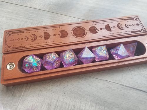 Customer photo review of URWizards Engraved Padauk D&D Dice Box Moon Phases