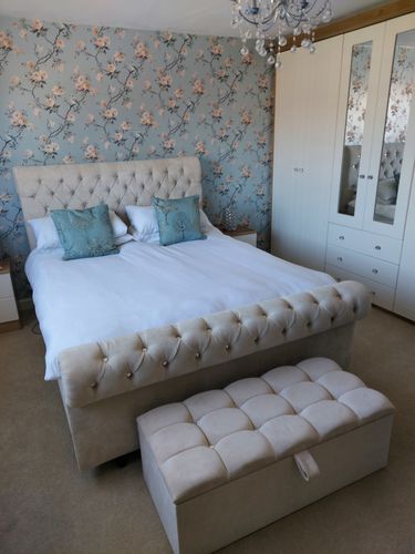 Customer photo review of Colorado Caramel Cream Chenille Chesterfield Sleigh Scroll Bed Frame