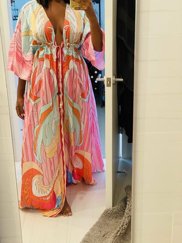 Customer photo review of Lace-Up Nine Points Sleeve Floor-Length V-Neck Fall Women's Dress