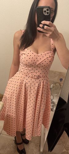 Customer photo review of Maneater Swing Dress in Rose Pink Polka Dot - Vixen by Micheline Pitt