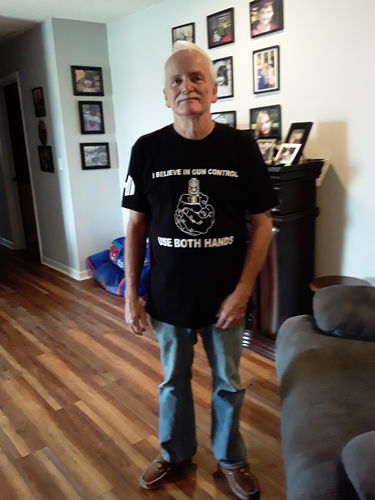 Customer photo review of I Believe In Gun Control Mens Apparel