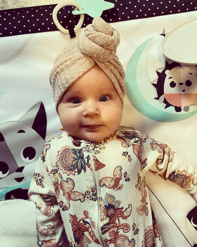 Customer photo review of Twisted Knot Turban in Oatmeal