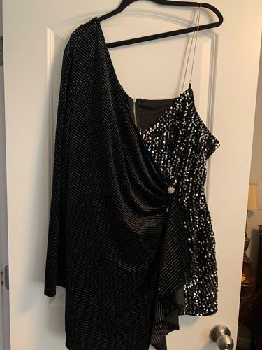 Customer photo review of Sequined Patchwork Whimsical Asymmetric Mini Dress