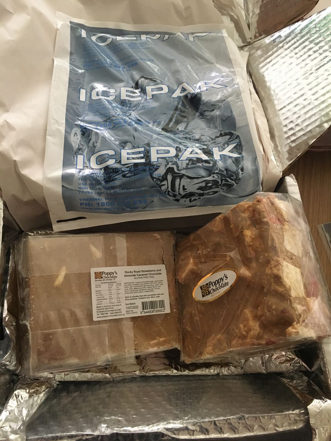 Customer photo review of Rocky Road Strawberries and Almond Caramel Chocolate Block 500g