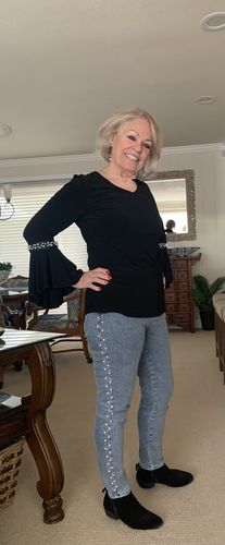 Customer photo review of Joseph Ribkoff Black Pearl Detail Bell Sleeve V-Neck Top 213021 NEW