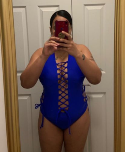 Customer photo review of Solid Color On-trend Cross Over One Piece Swimwear