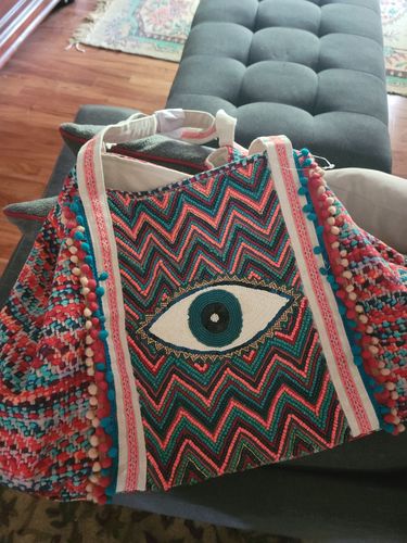 Customer photo review of Evil Eye Good Luck Hand Beaded Orange and Blue Tote Bag