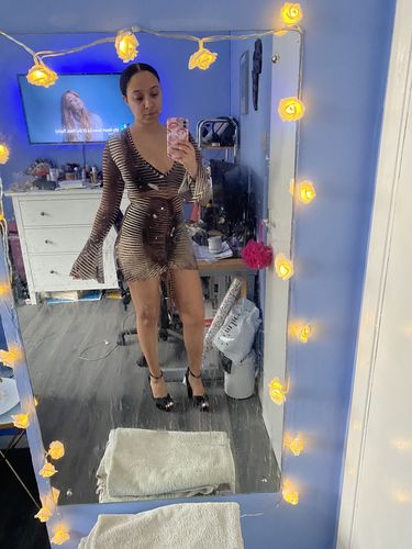 Customer photo review of See through V neck flared sleeve multicolor dress