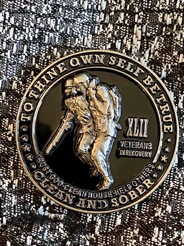 Customer photo review of 42 Year Veterans in Recovery AA/NA Sober Medallion - 40mm Fancy Coin/Chip - Black/Silver