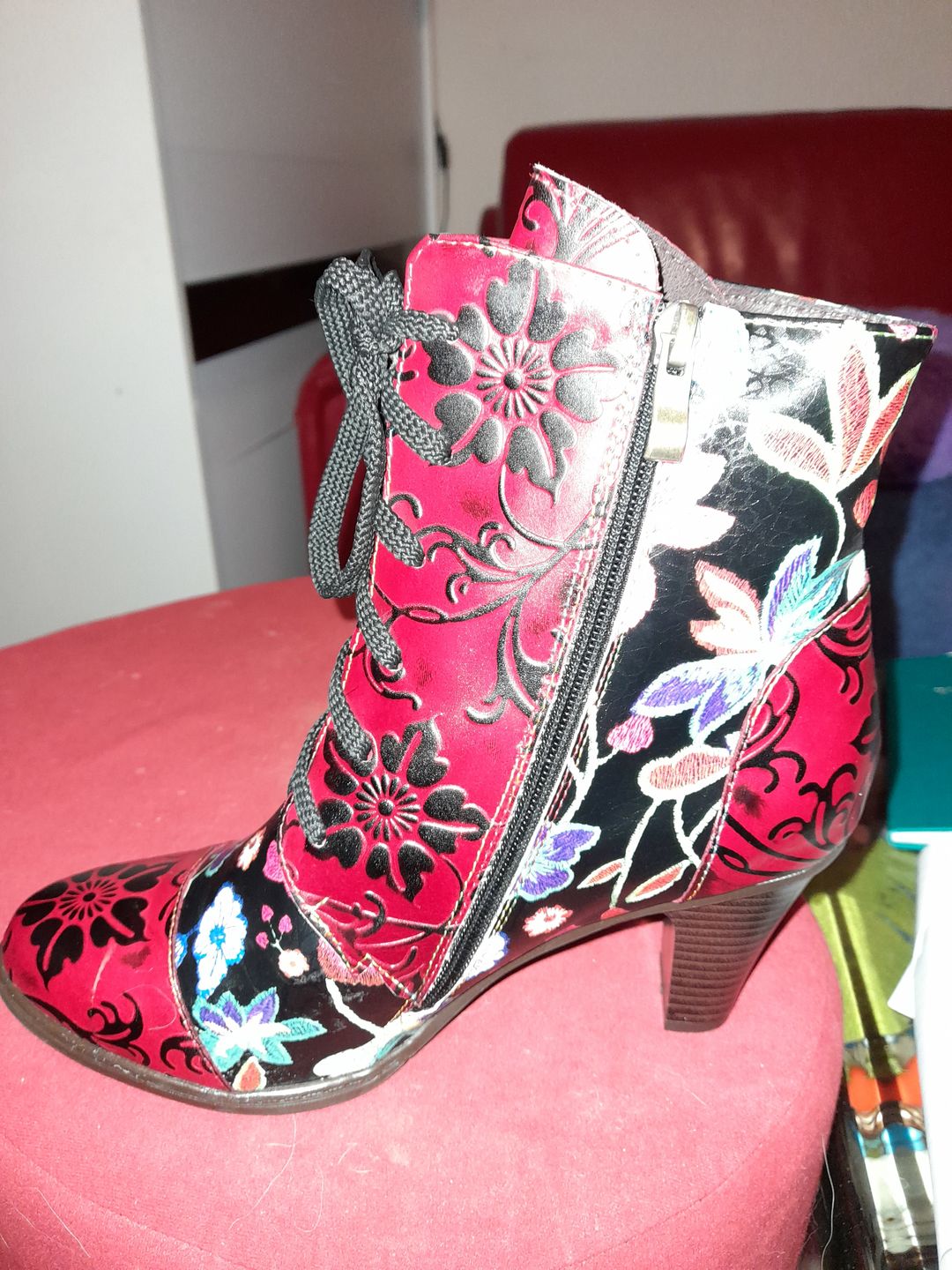 Customer photo review of Leather Hand Embossed Adjustable High Heel Boots