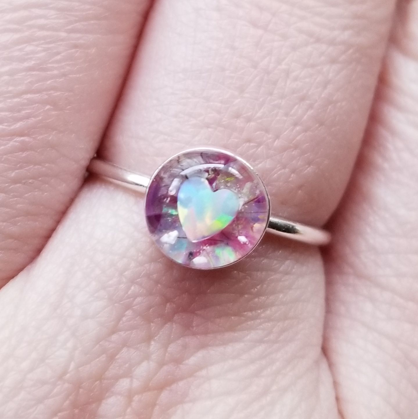 Customer photo review of Opal Heart Ring with Cremation Ashes