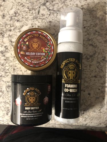 Customer photo review of Limited Edition Respected Roots Premium Hydration Kit - Holiday Scent