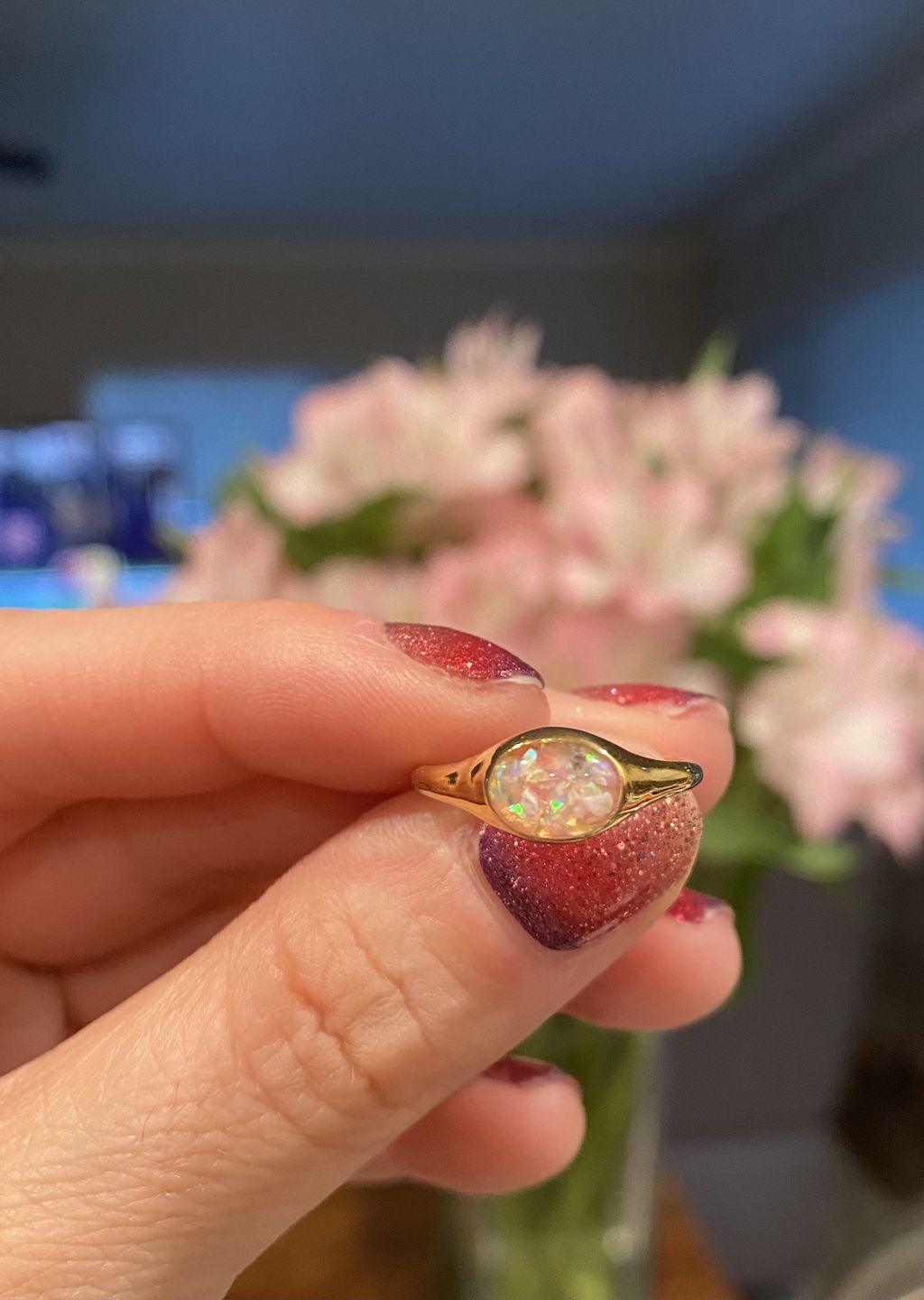 Customer photo review of Golden Oval Ring with Cremation Ashes