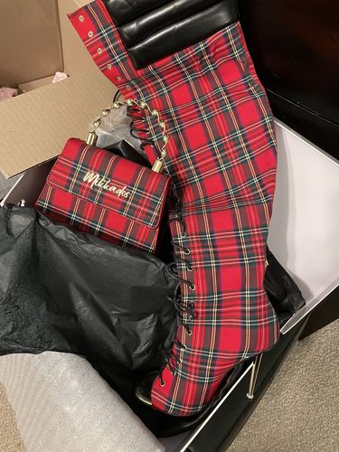 Customer photo review of KORI RED PLAID THIGH HIGH